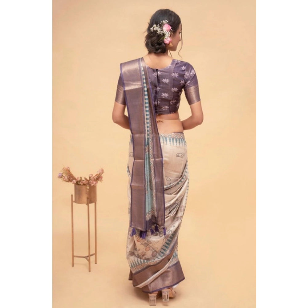 Women's Polyester Printed Saree With Unstitched Blouse 5.5 Mtr (Off-White)