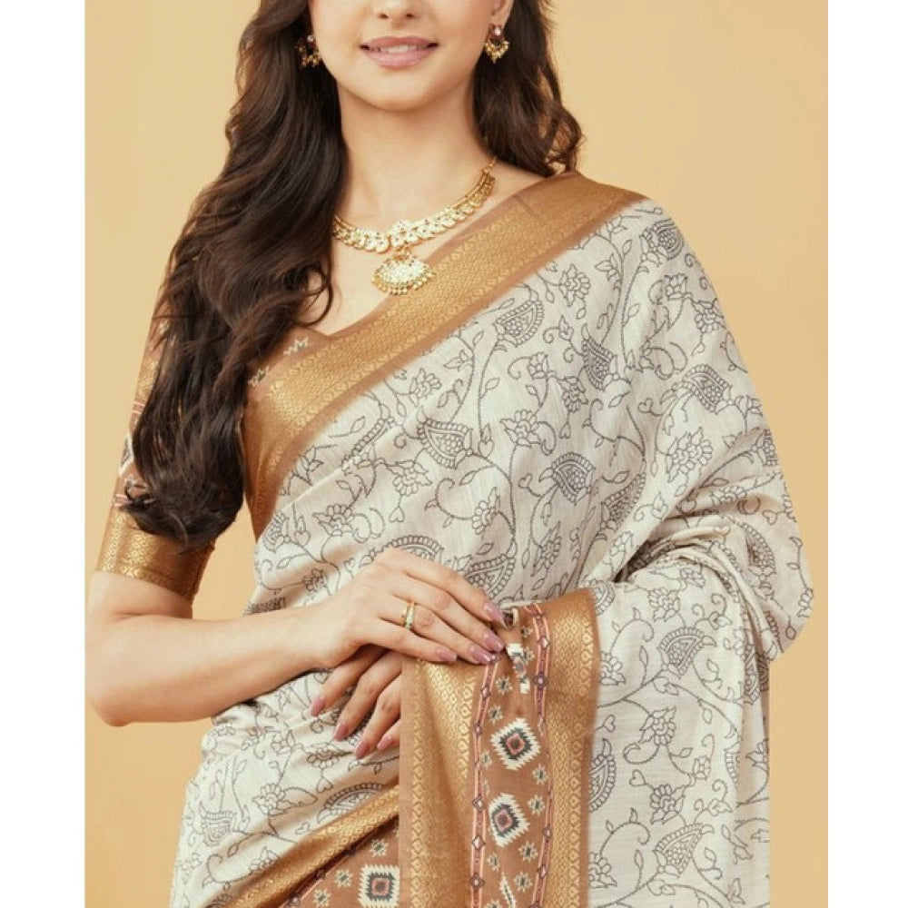 Women's Polyester Printed Saree With Unstitched Blouse 5.5 Mtr (Off-White)
