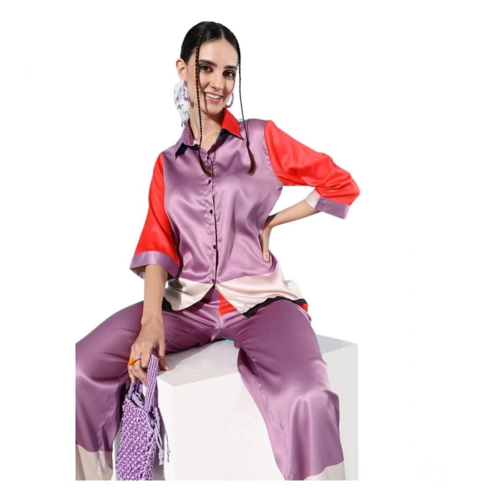 Women's Satin Colour Block Long Sleeves Co-Ord Set (Multicolor)