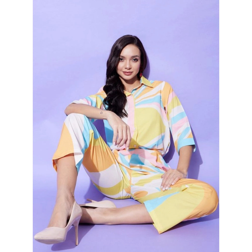 Women's Polyester Colour Blocking 3-4th Sleeve Co-Ord Set (Multicolor)