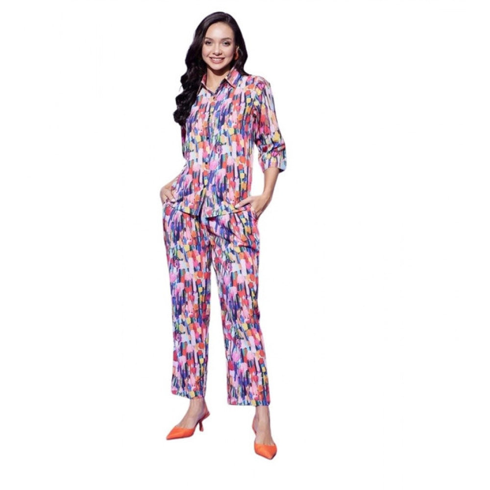Women's Polyester Floral 3-4th Sleeve Co-Ord Set (Multicolor)