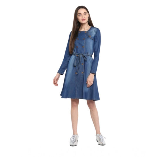 Women's Denim Washed Regular Sleeves Dress (Blue)