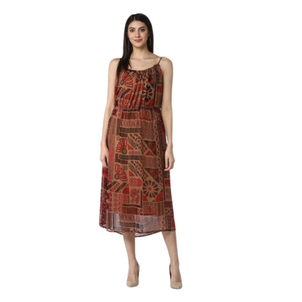 Women's Polyester Printed Shoulder Straps Dress (Maroon - Brown)