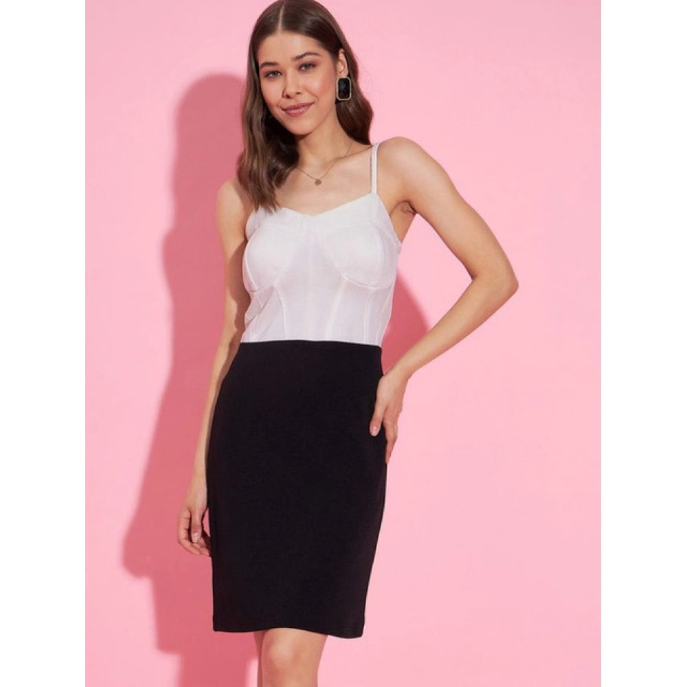 Women's Polyester Lycra Color Blocking Shoulder Straps Dress (White - Black)