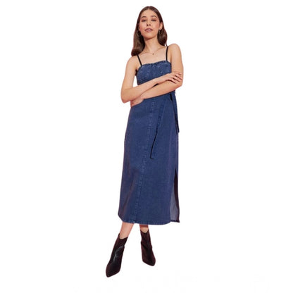 Women's Denim Solid Shoulder Straps Dress (Blue)