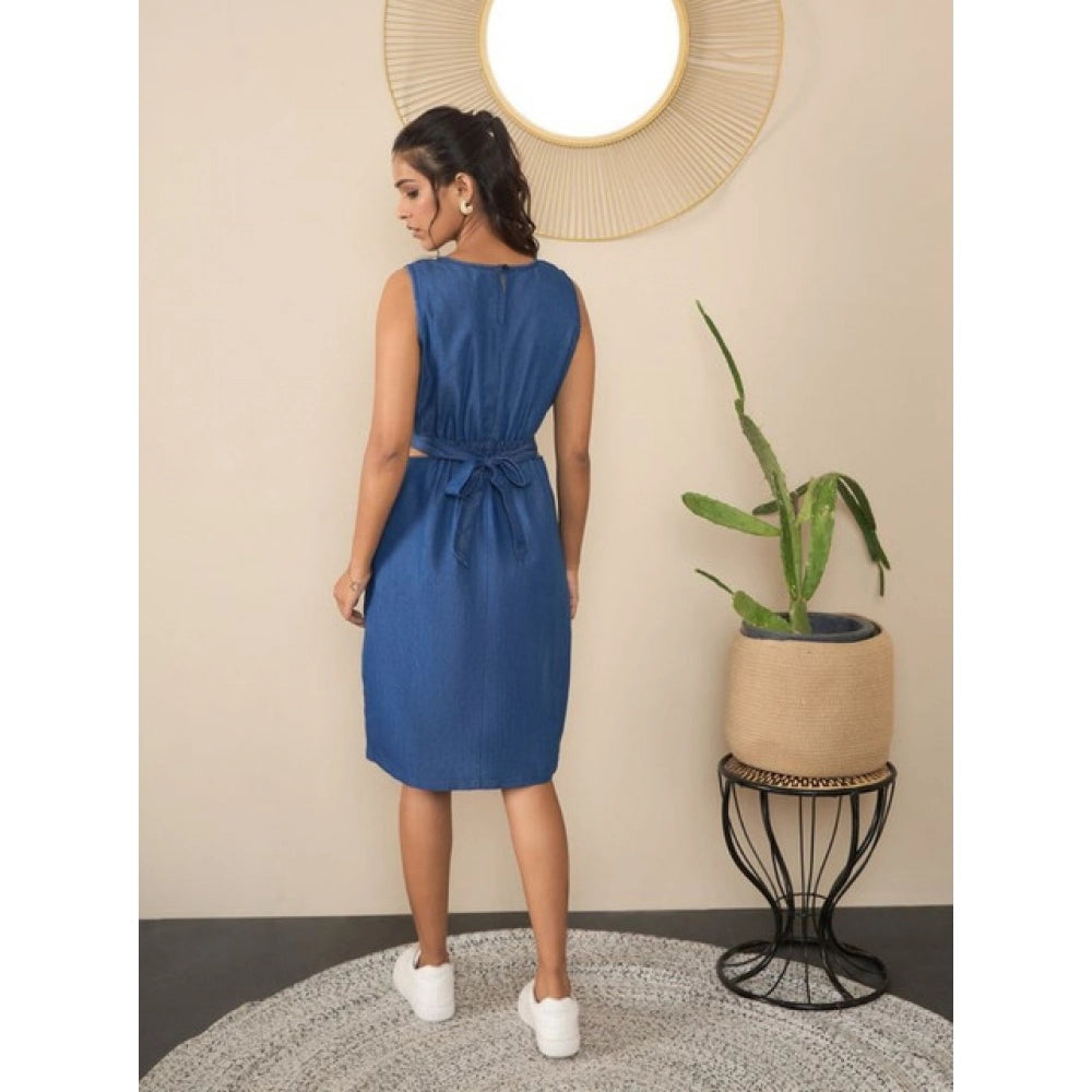 Women's Denim Solid Sleeveless Dress (Blue)