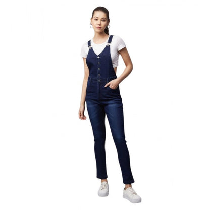 Women's Denim Lycra Solid Buttoned Dungaree (Navy)