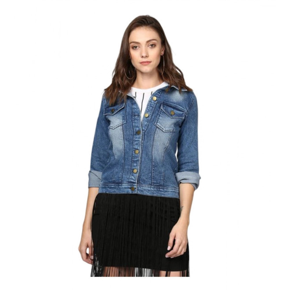 Women's Denim Washed Long Sleeves Jacket (Blue)