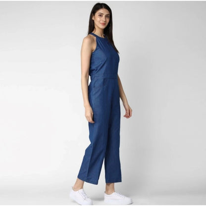 Women's Denim Solid Sleeveless Jumpsuit (Blue)