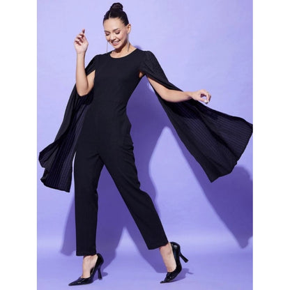 Women's Polyeter Solid Cape Sleeve Jumpsuit (Black)
