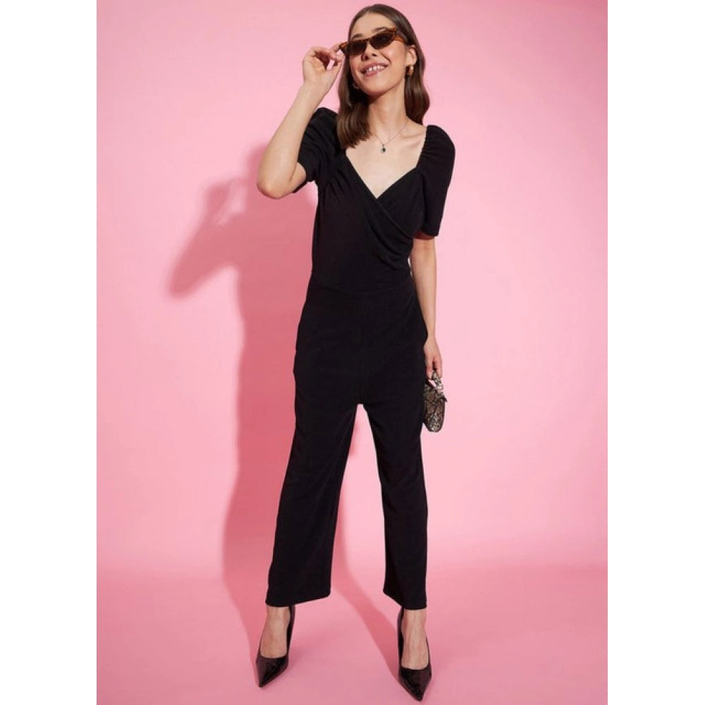 Women's Polyester Lycra Solid Puff Sleeve Jumpsuit (Black)