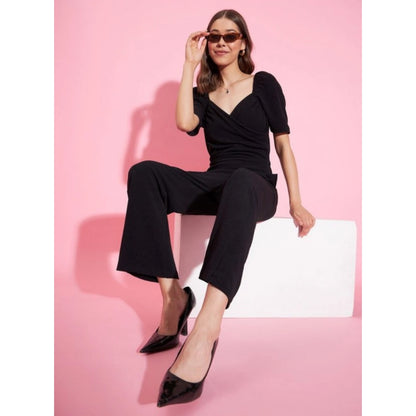 Women's Polyester Lycra Solid Puff Sleeve Jumpsuit (Black)