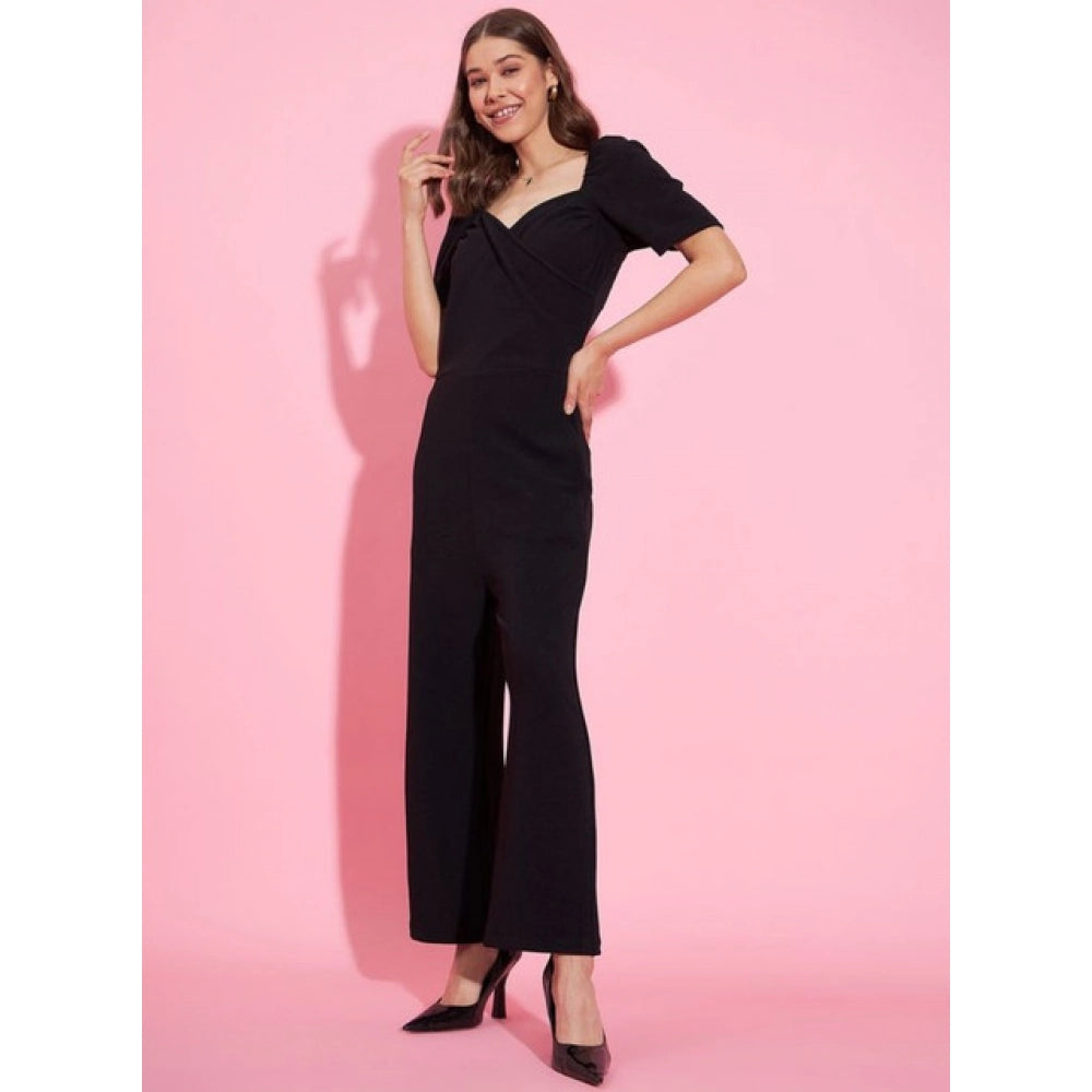 Women's Polyester Lycra Solid Puff Sleeve Jumpsuit (Black)