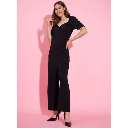 Women's Polyester Lycra Solid Puff Sleeve Jumpsuit (Black)