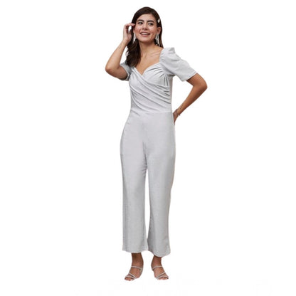 Women's Polyester Shimmer Self Design Short Sleeve Jumpsuit (Silver)