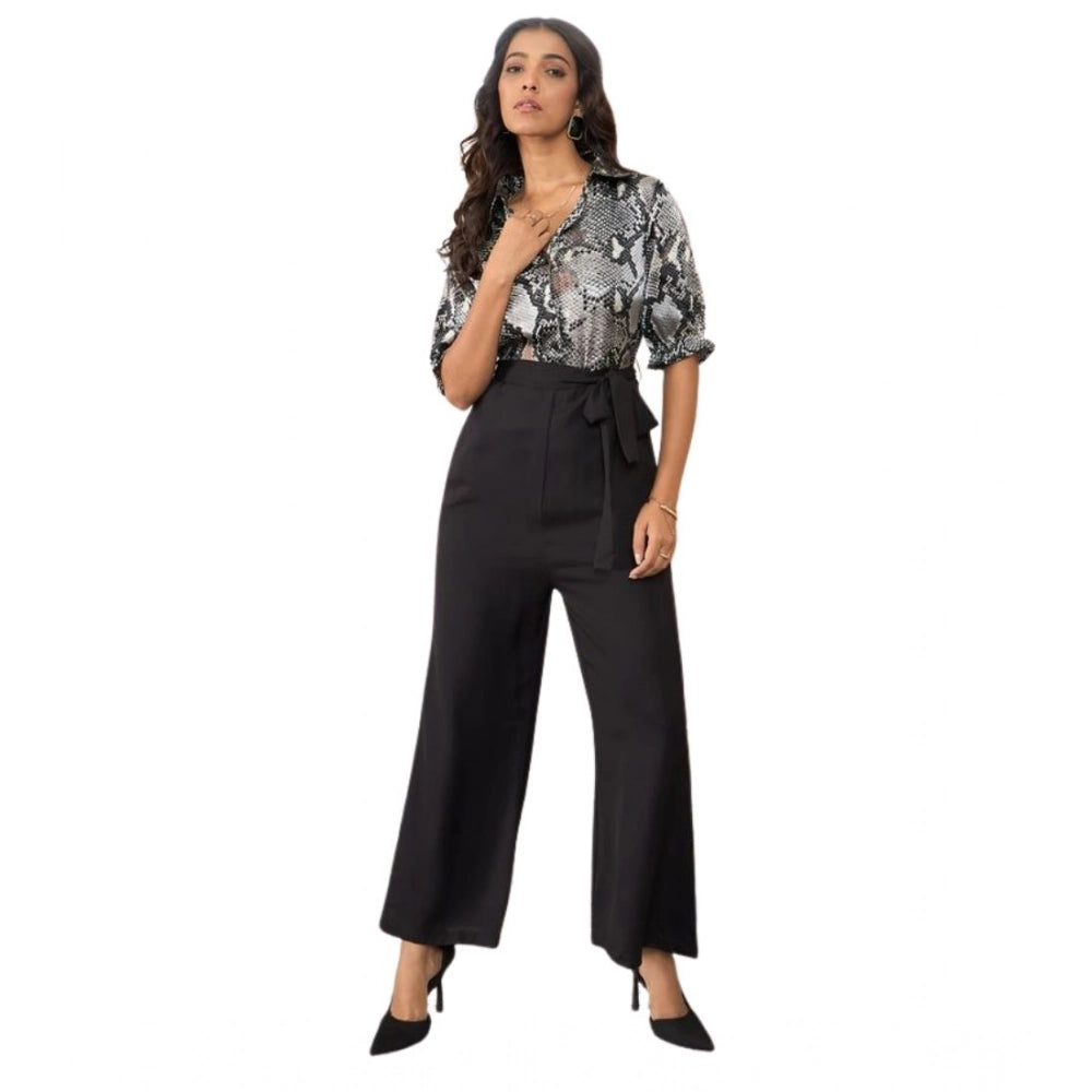 Women's Satin And Polyester Floral Half Sleeves Jumpsuit (Grey - Black)