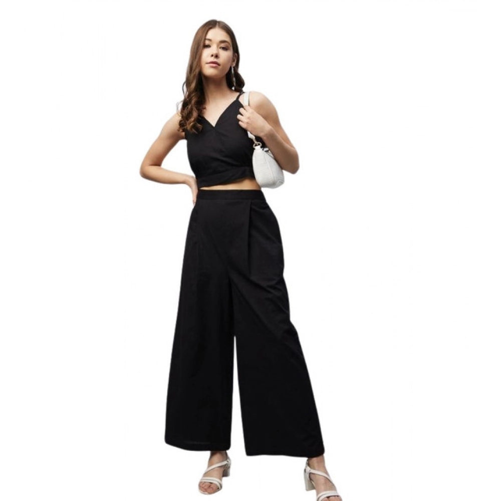 Women's Cotton Linen Solid Sleeveless Crop Top and Palazzo Set (Black)