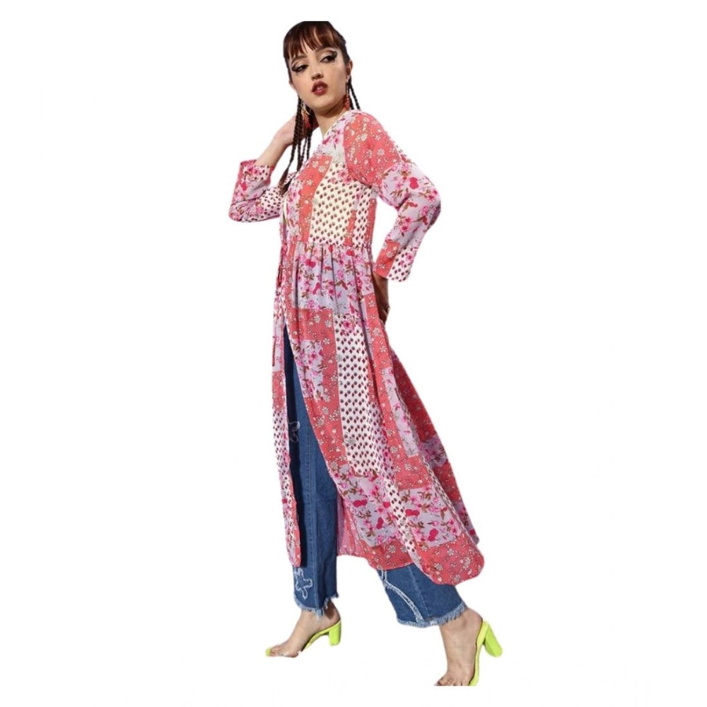 Women's Polyester Floral Long Sleeves Shrug (Pink-Coral)