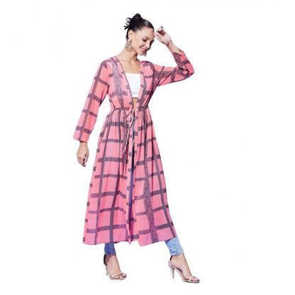Women's Polyester Check Long Sleeves Shrug (Pink)