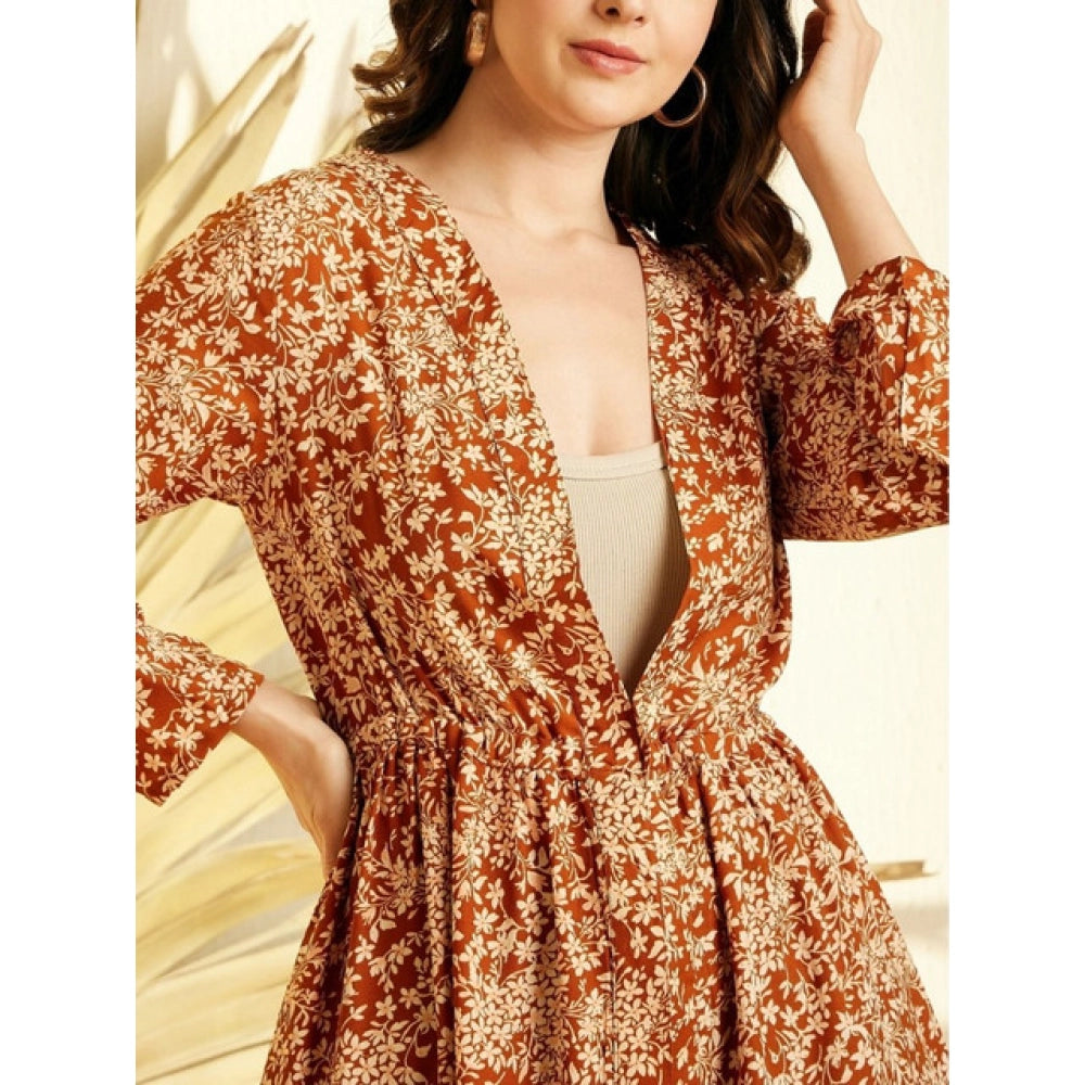 Women's Polyester Floral Long Sleeves Shrug (Brown)