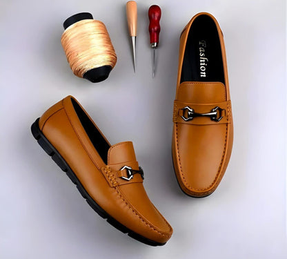 Men's Synthetic Leather Solid Slip-On Casual Loafers With Metal Bit (Tan)