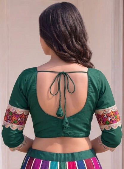 Women's Cotton Blend Embroidered 3/4 Sleeve V-Neck Padded Readymade Blouse (Green, Size 38 - Self-Alterable 36�40)
