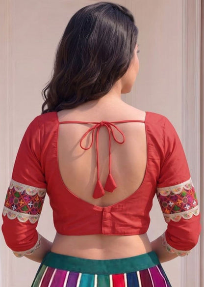 Women's Cotton Blend Embroidered 3/4 Sleeve V-Neck Padded Readymade Blouse (Red, Size 38 - Self-Alterable 36�40)