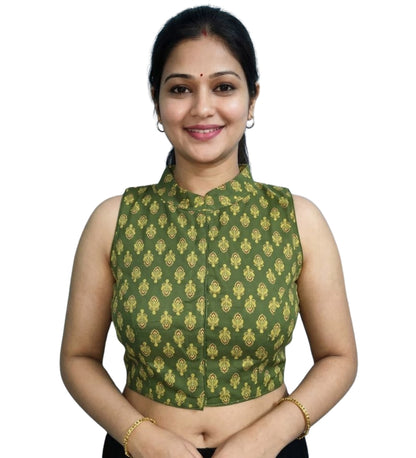 Women's Ajrakh Cotton Ajarkh Sleeveless Collar Neck Padded Readymade Blouse (Olive, Size 38 - Self-Alterable 36�40)