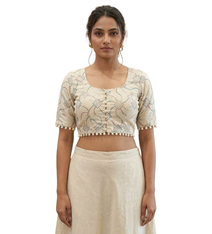 Women's Cotton Printed Half sleeve Round Neck Padded Readymade Blouse (Cream, Size 38 - Self-Alterable 36�40)