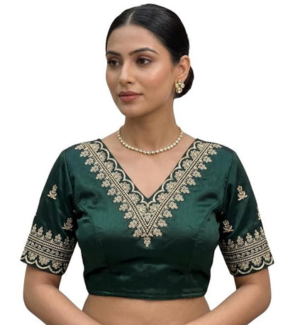 Women's Satin Embroidered Half sleeve V-Neck Padded Readymade Blouse (Dark Green, Size 38 - Self-Alterable 36�40)