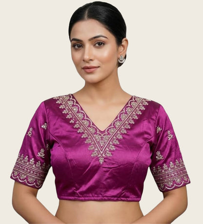 Women's Satin Embroidered Half sleeve V-Neck Padded Readymade Blouse (Purple, Size 38 - Self-Alterable 36�40)