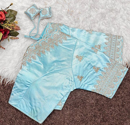 Women's Satin Embroidered Half sleeve V-Neck Padded Readymade Blouse (Sky Blue, Size 38 - Self-Alterable 36�40)