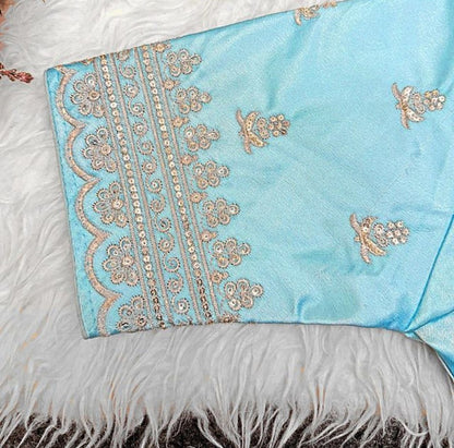 Women's Satin Embroidered Half sleeve V-Neck Padded Readymade Blouse (Sky Blue, Size 38 - Self-Alterable 36�40)