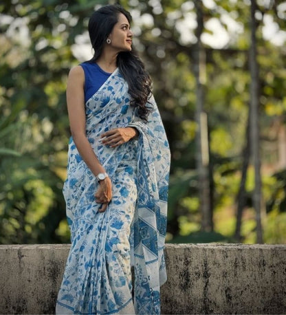 Generic Women's Linen Floral Printeded Saree With Unstitched Blouse - 5.5 Mtr (White-Blue)
