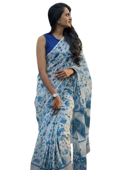 Generic Women's Linen Floral Printeded Saree With Unstitched Blouse - 5.5 Mtr (White-Blue)