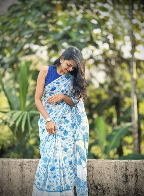 Generic Women's Linen Floral Printeded Saree With Unstitched Blouse - 5.5 Mtr (White-Blue)
