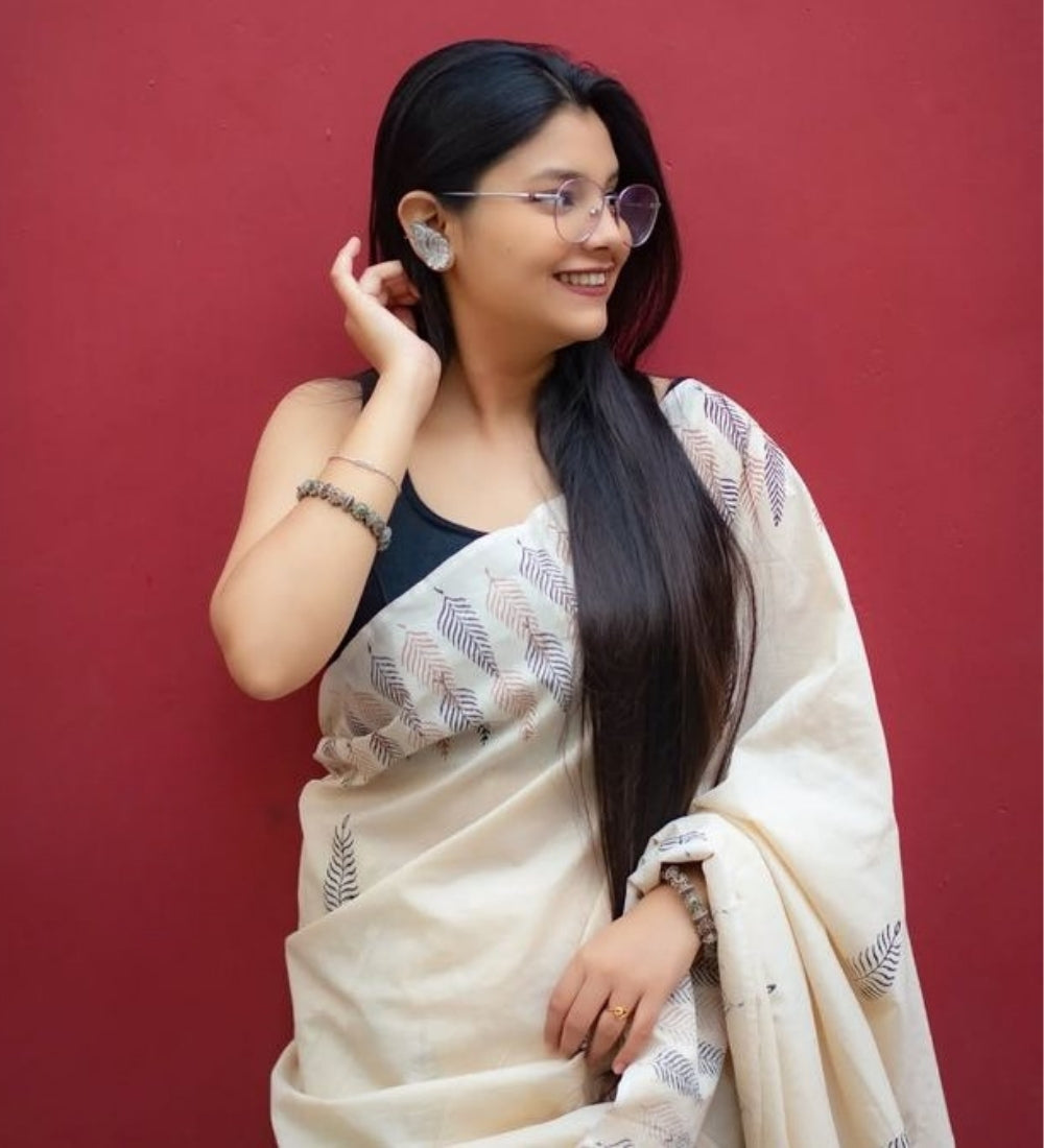 Generic Women's Linen Printed Saree With Unstitched Blouse - 5.5 Mtr (Cream)