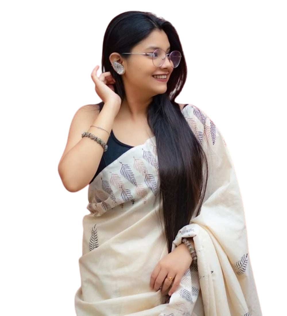 Generic Women's Linen Printed Saree With Unstitched Blouse - 5.5 Mtr (Cream)