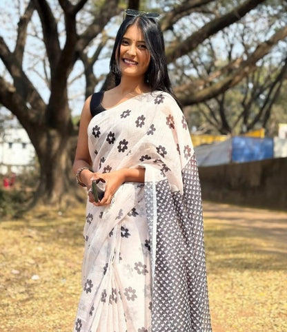 Generic Women's Linen Floral Printed Saree With Unstitched Blouse - 5.5 Mtr (White)