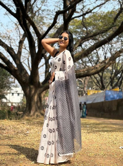 Generic Women's Linen Floral Printed Saree With Unstitched Blouse - 5.5 Mtr (White)