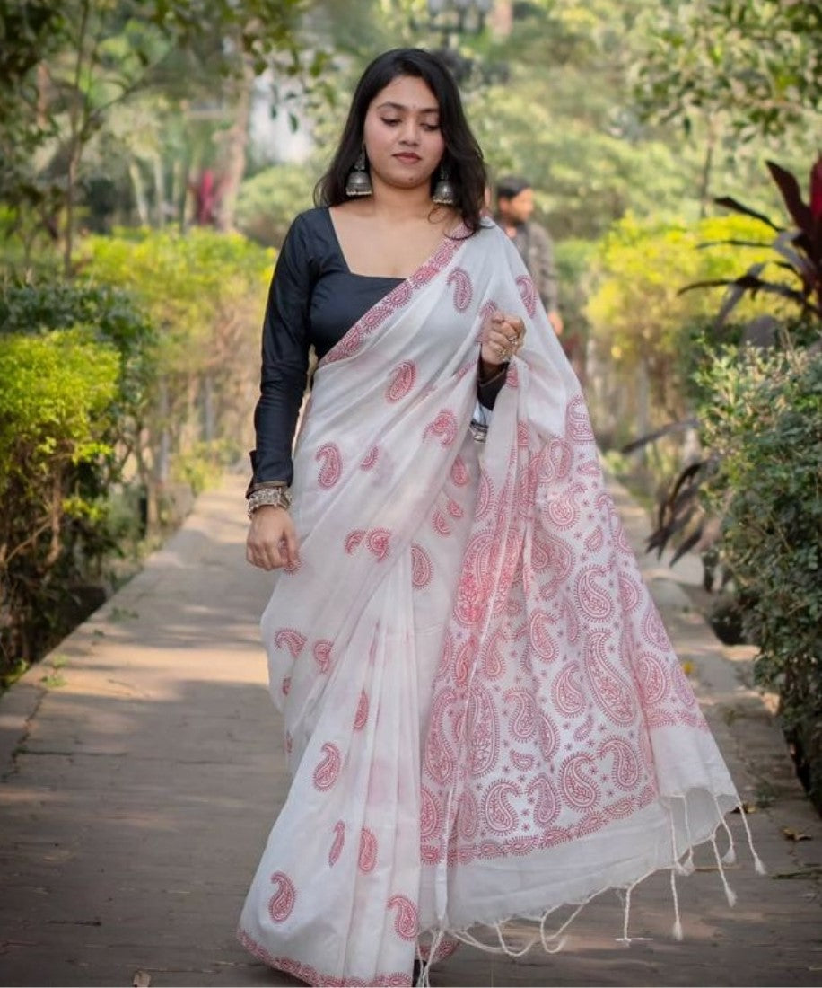 Generic Women's Linen Paisley Printed Saree With Unstitched Blouse - 5.5 Mtr (White-Red)