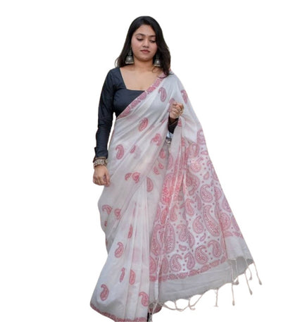 Generic Women's Linen Paisley Printed Saree With Unstitched Blouse - 5.5 Mtr (White-Red)