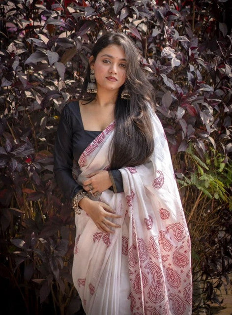 Generic Women's Linen Paisley Printed Saree With Unstitched Blouse - 5.5 Mtr (White-Red)