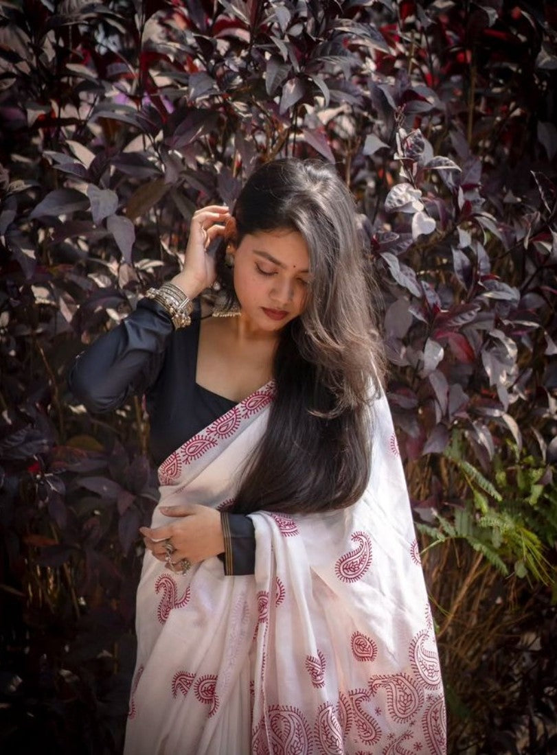 Generic Women's Linen Paisley Printed Saree With Unstitched Blouse - 5.5 Mtr (White-Red)