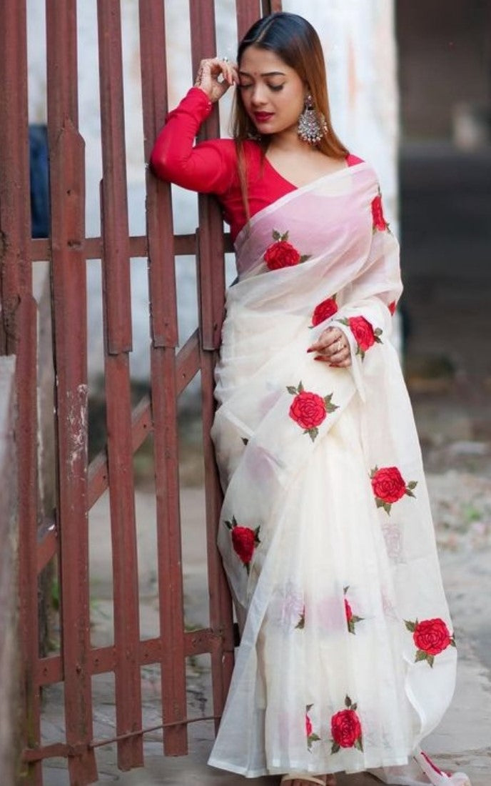 Generic Women's Linen Floral Printed Saree With Unstitched Blouse - 5.5 Mtr (White-Red)