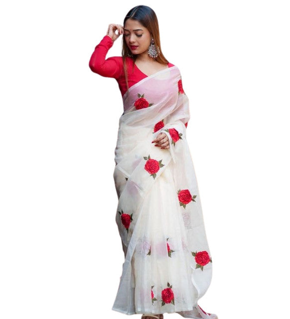 Generic Women's Linen Floral Printed Saree With Unstitched Blouse - 5.5 Mtr (White-Red)
