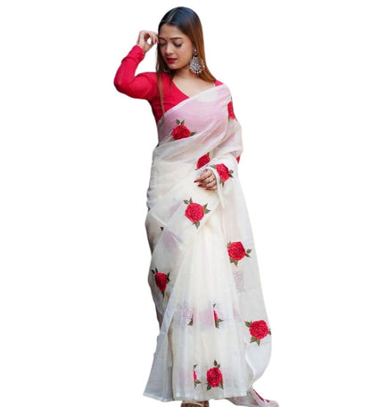 Generic Women's Linen Floral Printed Saree With Unstitched Blouse - 5.5 Mtr (White-Red)