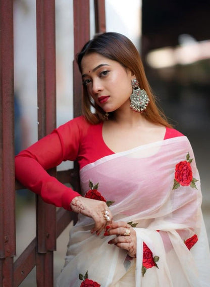 Generic Women's Linen Floral Printed Saree With Unstitched Blouse - 5.5 Mtr (White-Red)