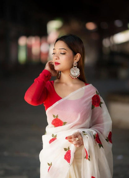 Generic Women's Linen Floral Printed Saree With Unstitched Blouse - 5.5 Mtr (White-Red)