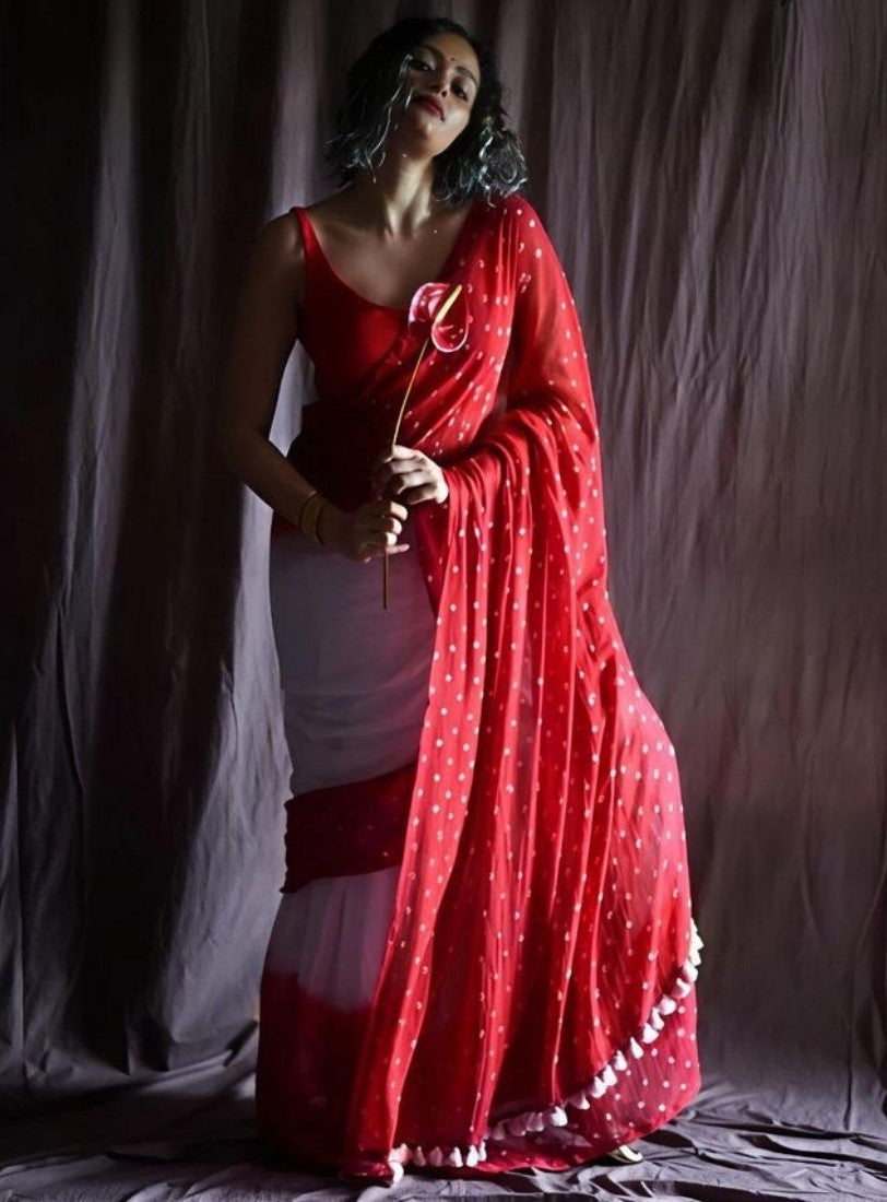 Generic Women's Linen Printed Saree With Unstitched Blouse - 5.5 Mtr (White-Red)
